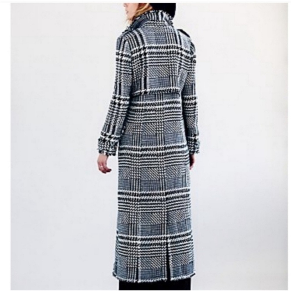 Free People Black and White Houndstooth Wool-Blend Raw Edge Long Coat - Picture 2 of 16